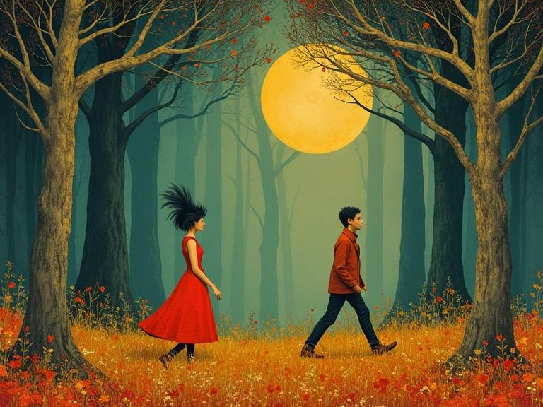 A woman in a red dress walks away from a man in a forest with large trees. A full moon hangs in the sky, illuminating the scene. The style is influenced by art brut with bright colors and intricate details.