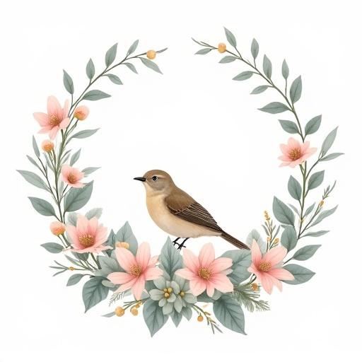 Soft and natural style with elements of plants and birds. Pastel tones of light green, pink, and gray-blue. Bird perched on a wreath surrounded by diverse flowers and leaves. Complete circular design. White background to highlight pastel colors. Simple and sophisticated design conveying natural harmony.