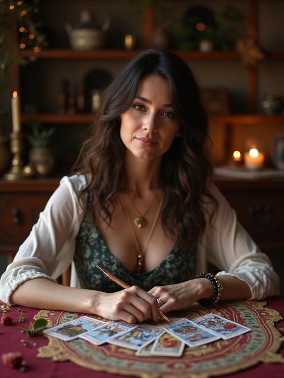 A woman in her mid-forties sits at a table. The room has an esoteric theme. She is performing a tarot reading. The woman has brunette hair and is focused on her task.