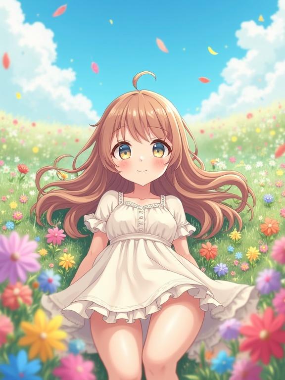 Anime-style illustration of a girl lying down in a flower field. She has a peaceful expression. Her hair spreads around her. She wears a light dress with frills. The background has colorful flowers and a bright blue sky.