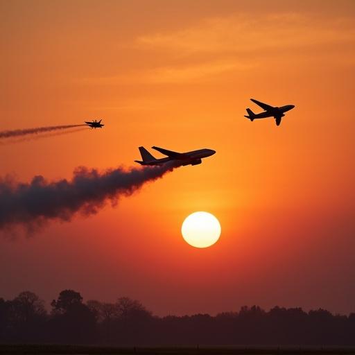 Photorealistic sunset with planes performing acrobatic figures. Smoke trails create patterns against the sky. Three aircrafts in silhouette against the sun. Warm colors fill the scene.
