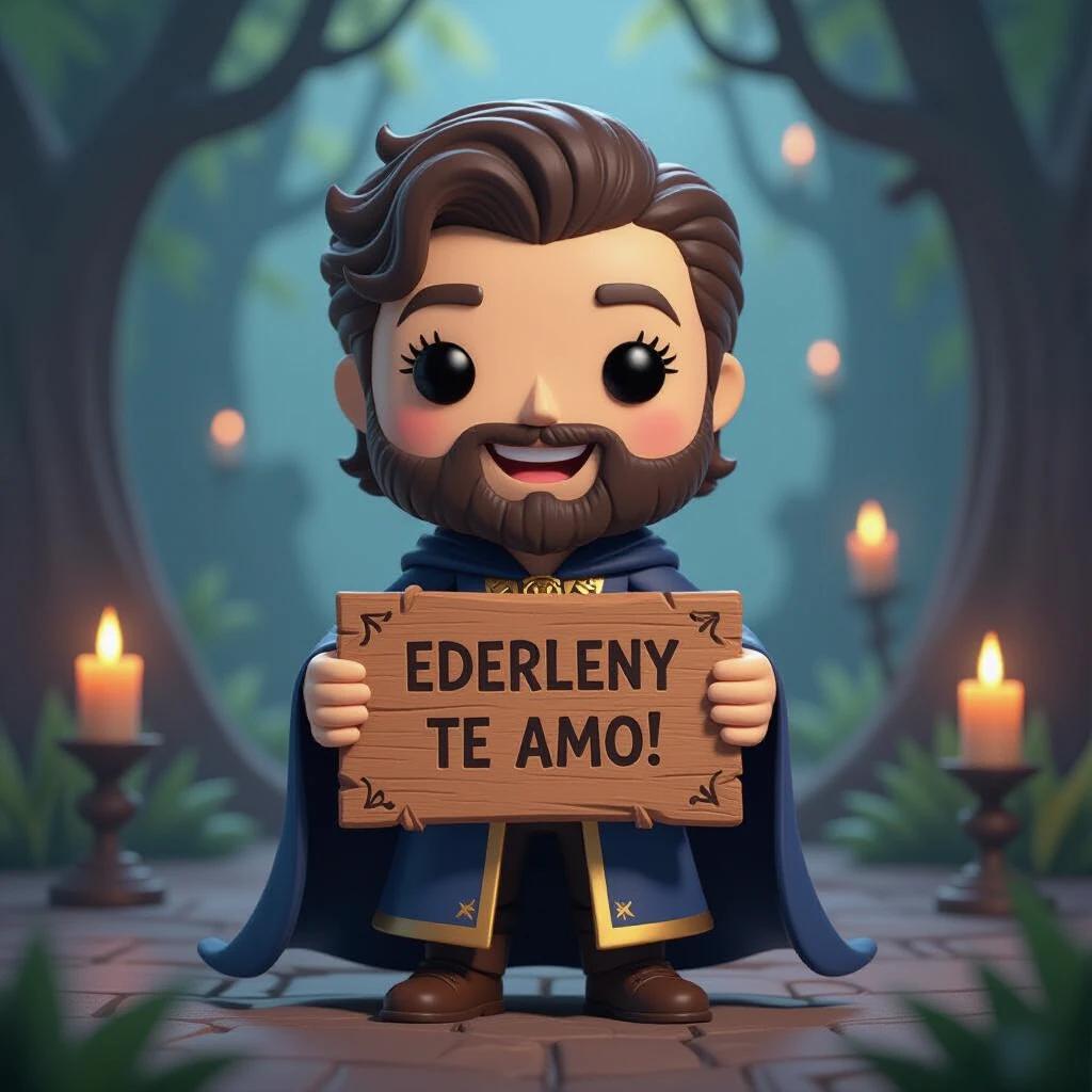 Funko Pop style 3D wizard holding a wooden sign. The sign says: 'Ederleny te amo!'. The wizard wears a dark magical cloak with bright symbols, has big eyes, and a fluffy white beard. The background features soft lights and floating candles in a mystical setting.