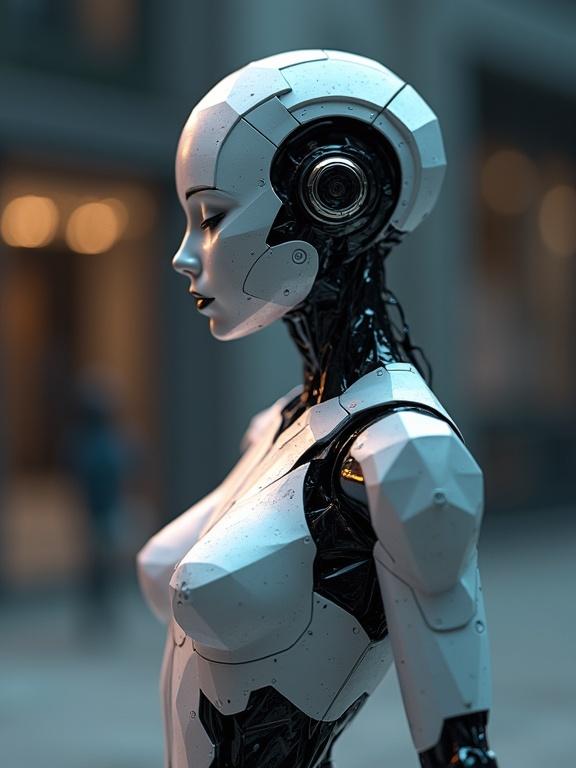 3D titanium female robot sculpture designed with functional legs and curvy accents. The serene expression and geometric patterns are enhanced by dramatic lighting. Digital artwork in soft focus.