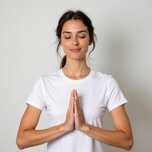 A woman in a basic white t-shirt practicing surya namaskar pose. The front of the tee is clearly visible. This image is suitable for a mockup.