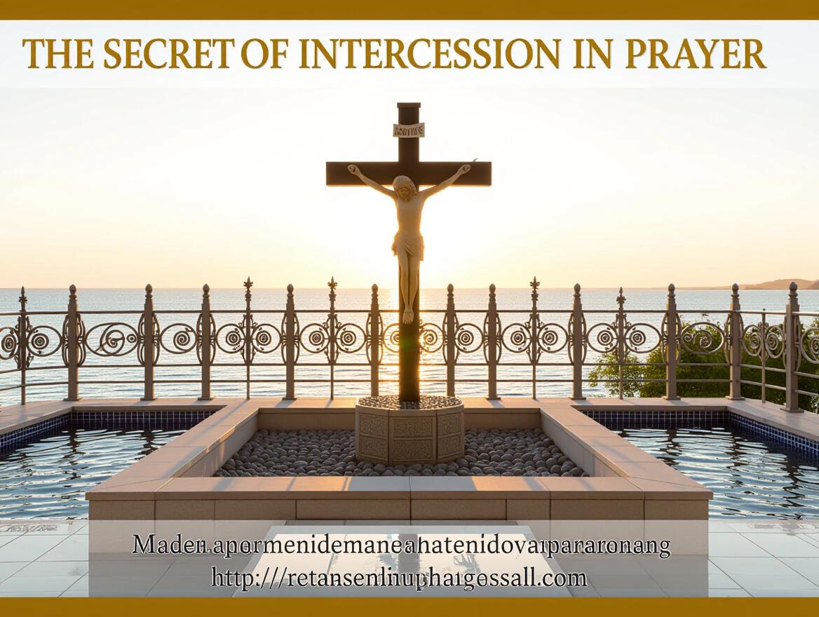 An outdoor scene featuring a large crucifix on a pedestal. Surrounding the cross are smooth stones and water features. The background shows a tranquil view of the sea at sunset.