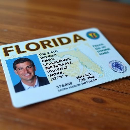 A driver's license shown on a wood table with identification information. The state is Florida. First name is Chris, last name is Dave. Address is 980 Rozen Ave, Titusville, Florida, 32780. Features personal details and state logos. Color scheme is light blue with gold accents.