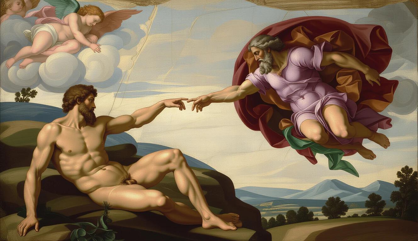 Reinterpretation of Michelangelo's Creation of Adam. Full composition. Adam depicted as youthful human reclining. Realistic anatomy with visible skin texture. Hesitant reach. God portrayed as older figure in flowing robes with entourage. Hands stop before touching. Rich Renaissance textures with visible brushstrokes. Naturalistic skin tones. Soft chiaroscuro lighting. Detailed clouds and landscape inspired by Sistine Chapel. Harmonious muted color palette. Subtle aged canvas texture. Ultra high resolution 8K.