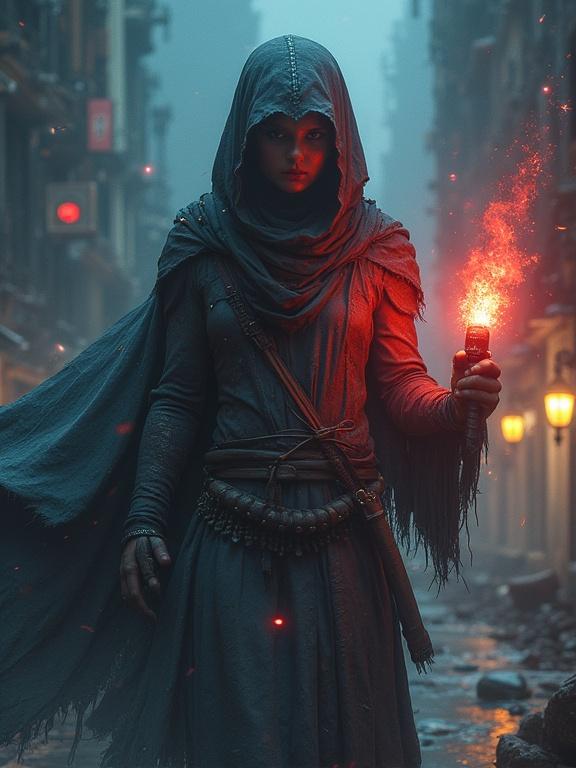 Fantasy character in a dark alley holding a glowing flare. Dressed in a hooded cloak, standing in a mysterious urban environment. The scene is atmospheric with dim lighting and visible textures in the surroundings. The character represents a classic fantasy trope of a hero or a sorcerer. Emphasis on the mystical elements and adventurous mood created by the glowing light.