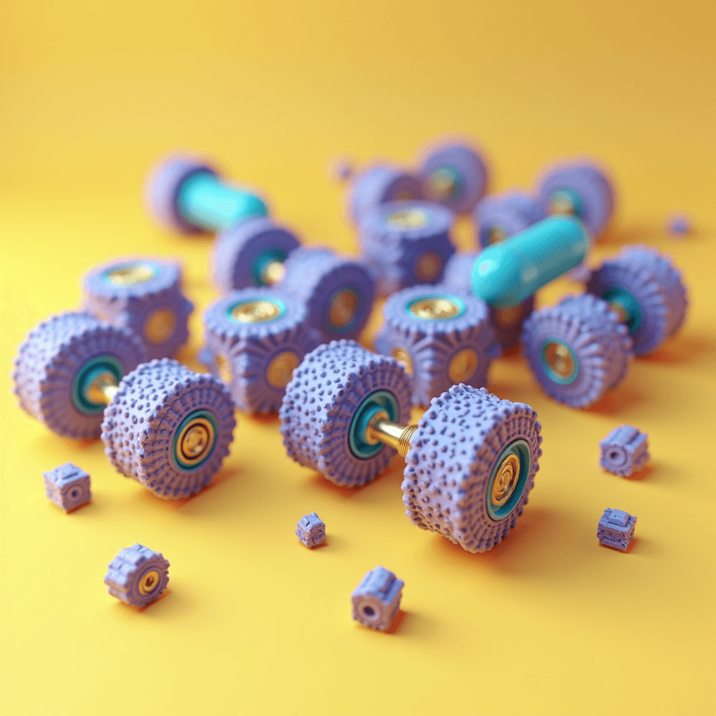 Violet gear-like objects scattered on a vibrant orange surface.