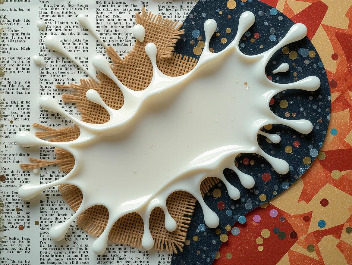 An abstract representation of a splash of milk on various textured surfaces. Includes newspaper, jute fibers, wood, sand, glittering confetti and origami. A mixed media piece that features scratches, drops and tears in a vibrant, colorful collage style.