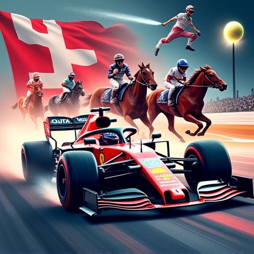 Dynamic sports collage with a Formula 1 car in the center. Surrounding elements include jockeys in horse racing, a glowing tennis ball, esports characters, a gamer with a headset, a mobile phone with a gaming app, and cheering fans. Large sports-themed flag in the background with initials 'SP'. Energetic and colorful atmosphere with realistic stylization.
