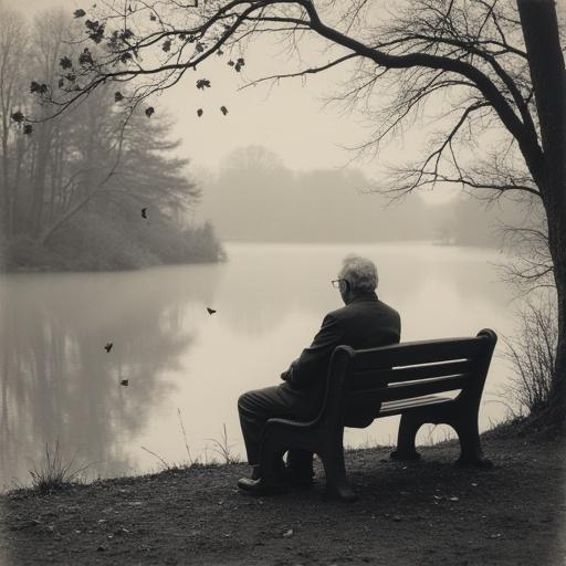 An old man sits alone on a weathered bench beside a misty lake at twilight. Leaves falling into still water create a melancholic mood. Charcoal drawing style features soft shadows and muted tones in a quiet and reflective scene.