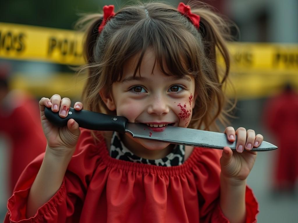 A young girl with a glittering face and a mysterious smile holds a dark, ornate knife, set in dramatic red lighting with curtains on both sides.