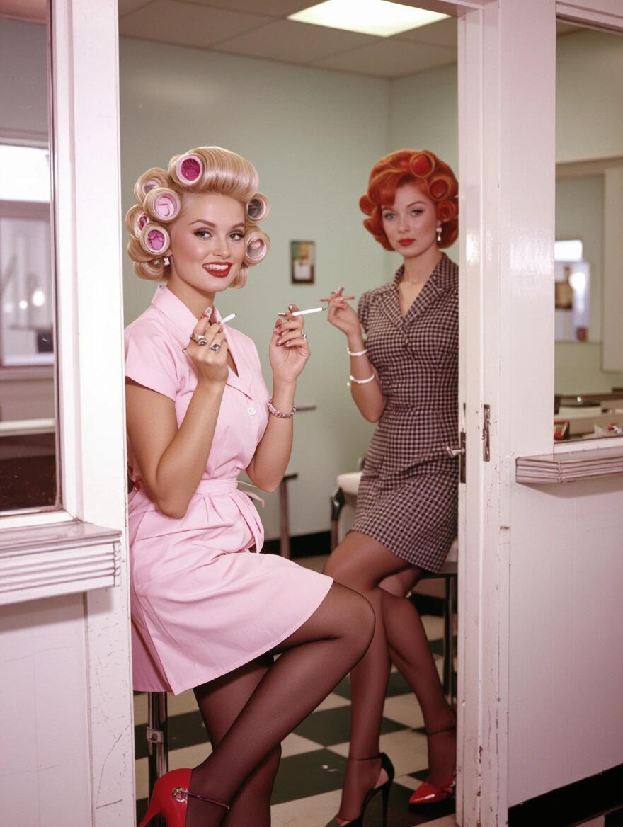 Portrait of women in 1960s beauty parlor with curlers in hair. One has platinum blonde hair in pink dress, other has red hair in checkered dress. Both holding cigarettes and showing black stockings. Retro salon decor is visible.