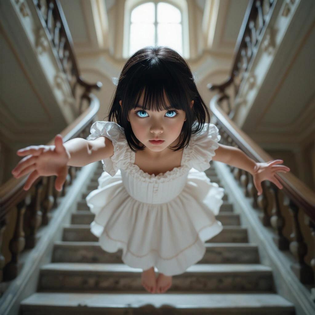 Young girl with blue eyes and stern expression floats above stone staircase in ornate mansion. Her feet and body are off ground. She is reaching out to choke the viewer. She wears a frilly white dress.