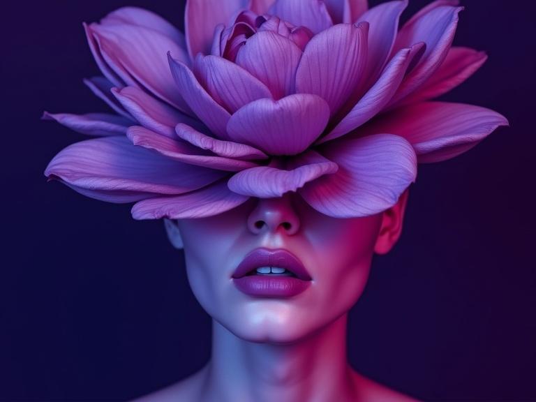 Surreal portrait of a person with a large purple flower covering the upper face. Lower face visible with subtle purple lips. Dark purple background enhances the ethereal quality.