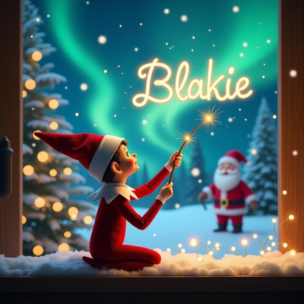 This image features an adorable elf on the shelf, seated with its back to the viewer, looking up at the enchanting night sky. The elf is using a magical wand to elegantly write the name 'Blakie' in the snow, sparkling with magic. In the background, a whimsical Christmas scene is adorned with northern lights and a cheerful Santa. The mood is festive and magical, perfect for the holiday season. The overall composition invites viewers into a world of Christmas wonder and joy.