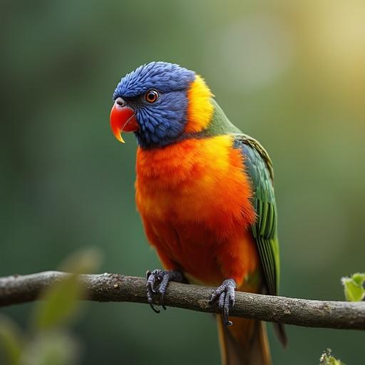 A beautiful bird perched on a branch. The bird has a vibrant orange and blue plumage. The background features soft, blurred greenery.