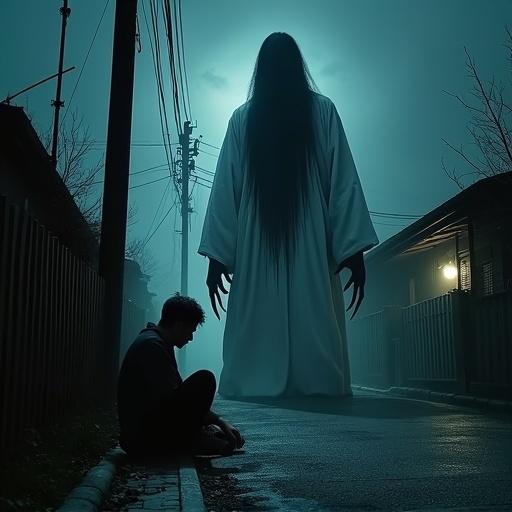 A frightened adult man sits under a utility pole on a dimly lit street in a dark urban neighborhood. At the alleyway corner, a towering ghost in a blood-stained white dress stands. The ghost is tall as the utility pole, with long black hair covering her face and flowing to her legs. Her hands look like twisted tree branches with sharp claws. She stares menacingly at the terrified man, creating an eerie atmosphere.