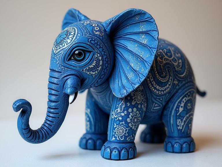 Decorative blue wooden elephant sculpture with intricate patterns. The elephant has a majestic appearance and involves detailed designs.