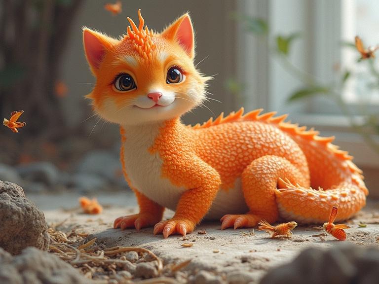 A cute animated creature resembling a small orange cat-like character with scales and large expressive eyes. The environment includes a natural setting with soft lighting and small butterflies.