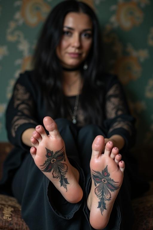 Woman wearing goth clothes sitting with tattooed soles visible on her bare feet. Feet appear large with intricate designs on the soles. Light background shows subtle texture.