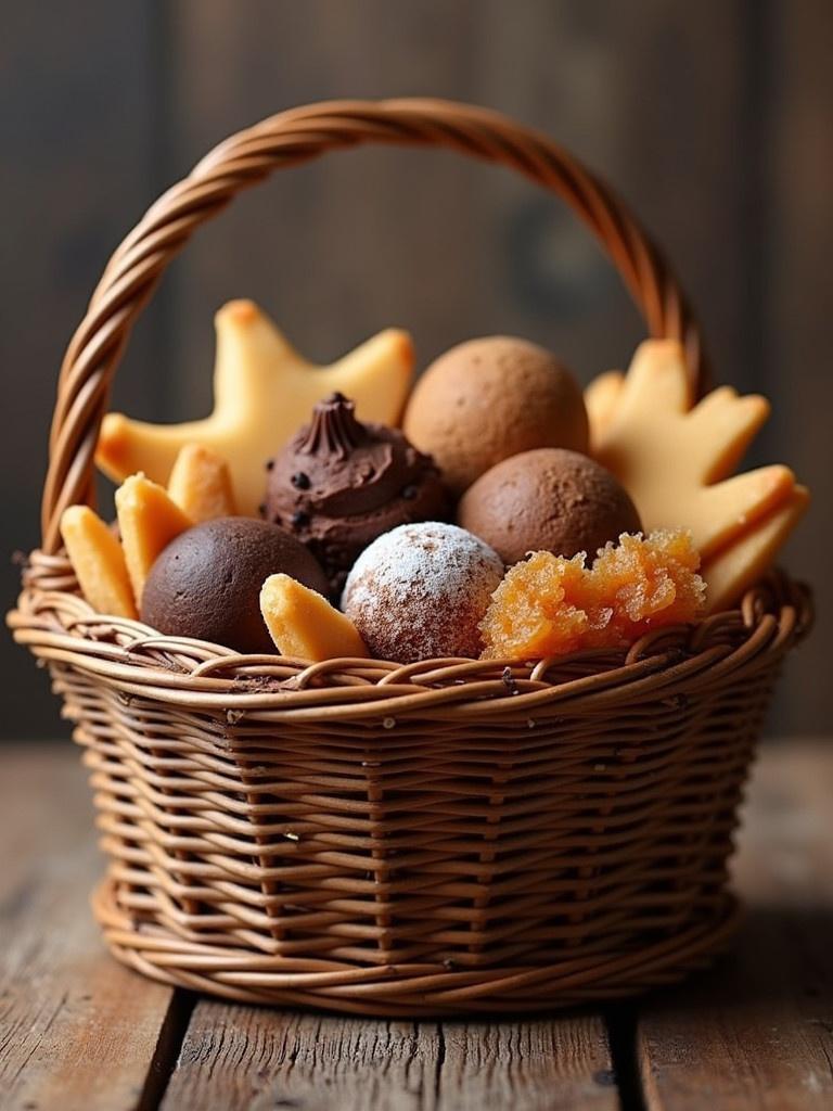 A wicker basket filled with chocolate, biscuits, toffee, and dry fruits. The setting features a rustic wooden background.