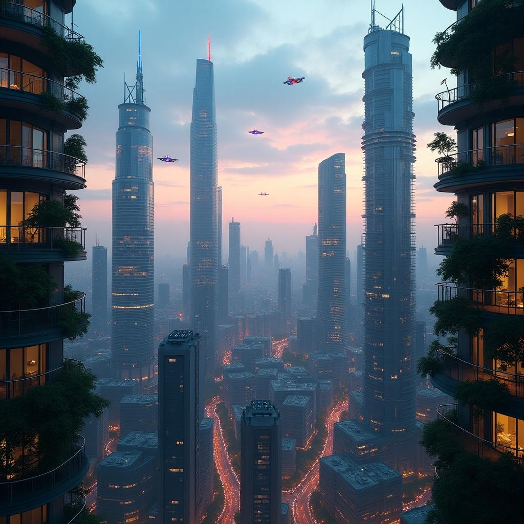 Futuristic cityscape with tall skyscrapers. Drones flying in the sky. Twilight atmosphere with city lights. High angle perspective. Modern architecture with greenery.