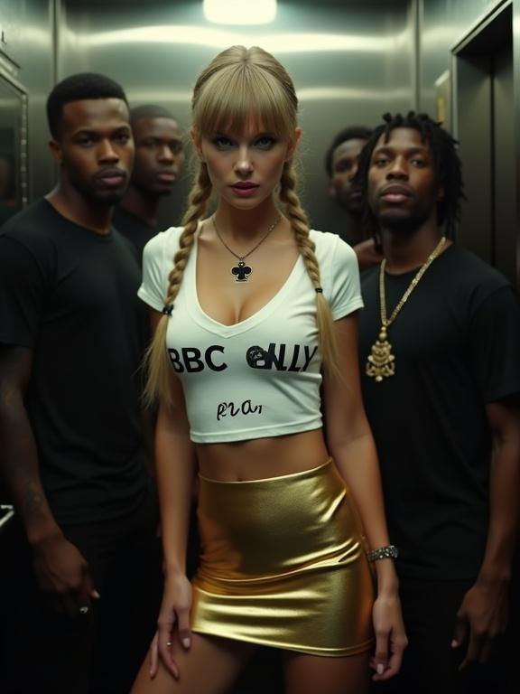 Scene in an elevator with crowd. Attractive woman posing with black men. Woman has blonde braids and blue eyes. Wearing a tight white top with text and a gold miniskirt. She is smiling and posing. Full body shot of the woman in center.