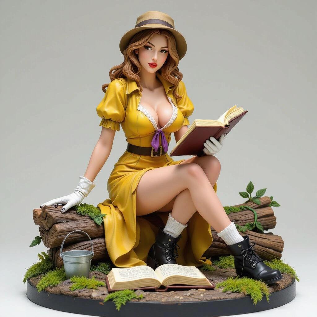 Ultra-detailed stylized resin figure of a woman resembling a young jungle explorer. Sitting on a moss-covered log surrounded by tropical plants. Body is sensual with light brown hair, wearing a yellow explorer dress with a purple tie and an open book in her lap. Wears gloves and black ankle boots. Background includes jungle roots and leaves.