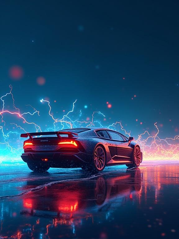 Image of a car against a dramatic neon blue and red background. Car appears sleek and futuristic with glowing accents. Reflection visible on wet ground.