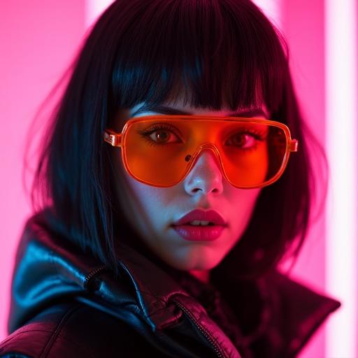Cyberpunk girl wearing orange visor sunglasses. Wet black bob haircut and glossy lips. Shiny puffer jacket against a neon pink sci-fi background. Close-up portrait with cinematic lighting and high fashion style. Shot using an 85mm lens.