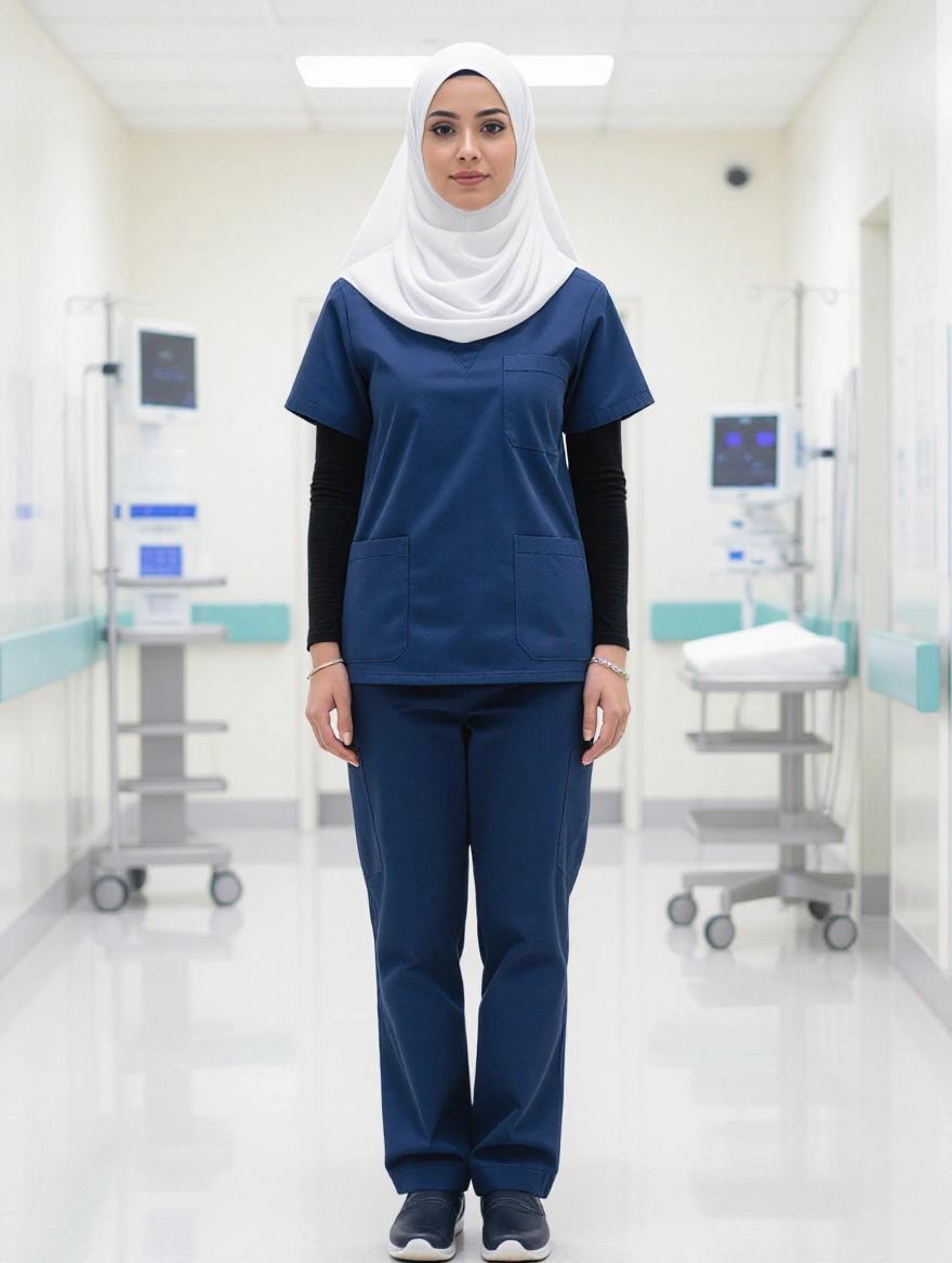 A woman in a white hijab stands in a hospital corridor. She is dressed in a tight dark blue medical uniform and shoes, showing body contours.