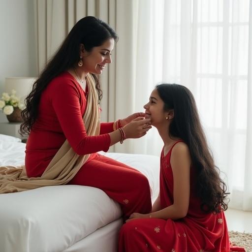 Side-angle shot in a bright white bedroom with elegant decor. A 40-year-old Indian mother in a red kurti and beige dupatta. She sits on the bed combing her daughter's long black hair. The daughter in a sleeveless red kurti. Soft natural light highlights their interaction. The overall tone is serene with red accents.