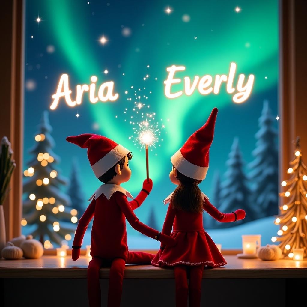 An enchanting Christmas scene featuring a boy and girl elf on the shelf. They are facing the sky, their backs to the viewer, dressed in red and white outfits. Each elf wields a magic wand, creating glowing script in the air that spells 'Aria' and 'Everly'. The backdrop is adorned with vibrant northern lights, creating a magical ambiance. The scene captures the festive spirit of Christmas with a whimsical twist, evoking a sense of wonder and excitement that embodies the joy of the holiday season.