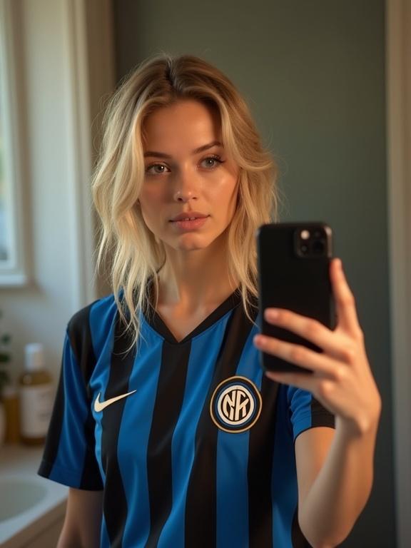 A young blonde woman takes a mirror selfie in a bathroom. She wears an Inter Milan football jersey with blue and black stripes. The room has soft warm and cool lighting. She holds a black iPhone 15 in her hand. The bathroom is slightly cluttered with toiletries visible. The focus is on her casual and relaxed vibe. The image has a shallow depth of field for a soft background effect.
