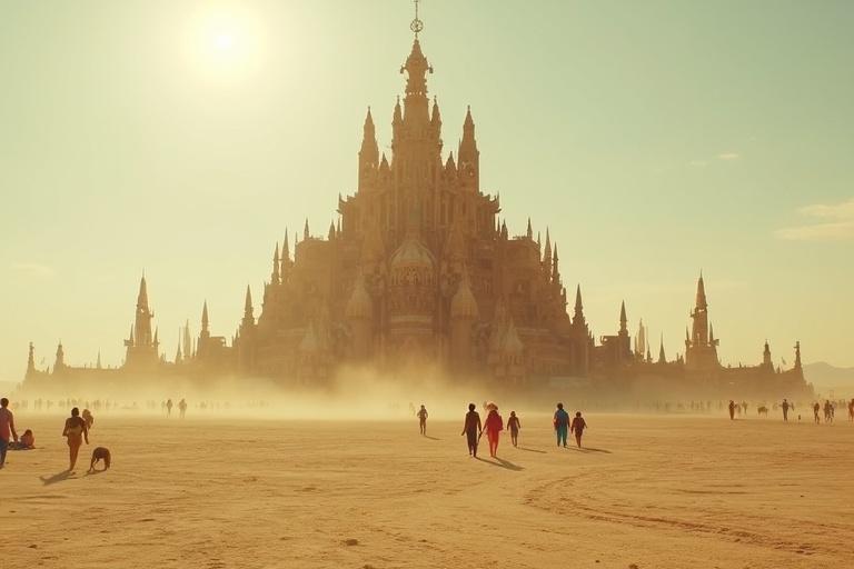 Cinematic photo of a massive wooden temple in desert dust. Sun high in the sky. Art cars in the distance. Colorful burners roam around. Background is the Burning Man event.