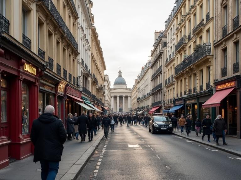 A bustling street in Paris. People walking along the sidewalk. Shops line the street. A dome structure is visible in the background. Soft daylight illuminates the scene.