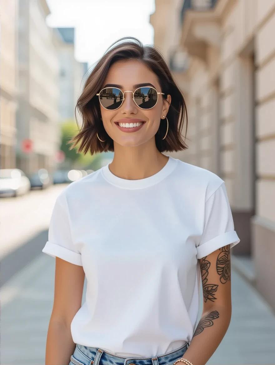 A young stylish woman stands casually in an urban setting. She wears a plain white t-shirt. Daylight creates a soft glow. Her style is simple and clean. One arm features a tattoo sleeve. She has a dynamic pose and a neutral-toned background. Accessories include wrist bracelets and sunglasses. Her overall look conveys contemporary fashion.