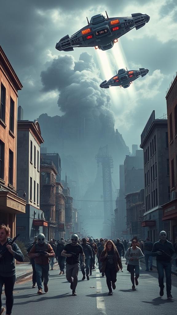 People running from futuristic drones in a smoky city street.