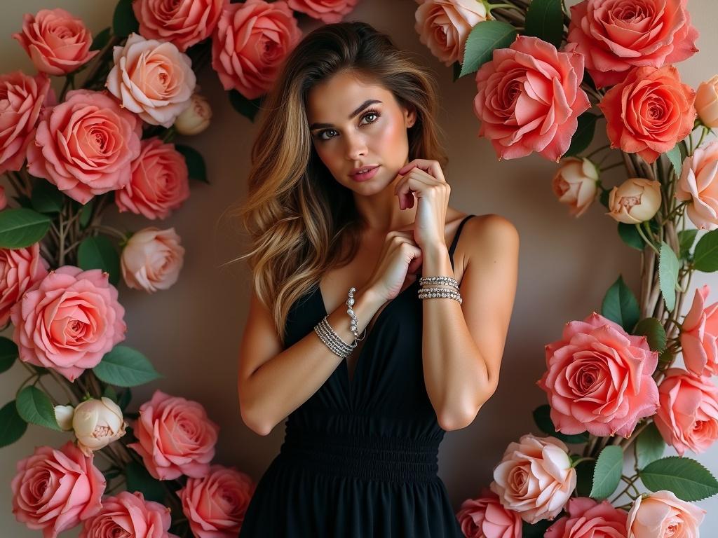 The image features a woman posing with a beautiful floral background. She is wearing a black dress that drapes elegantly over her figure. Her hair is flowing and has a soft, wavy texture. The woman is showing off a few stylish bracelets on her wrist. The overall composition is vibrant and the black dress contrasts nicely with the colorful flowers surrounding her.