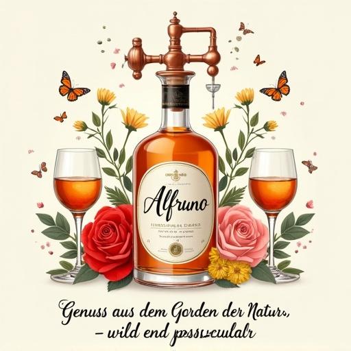Stylized illustration featuring Alfruno bottle and copper distillation apparatus. Symmetrical glasses on side. Surrounding flowers and butterflies. Neutral background enhancing colors. Handwritten text at bottom.