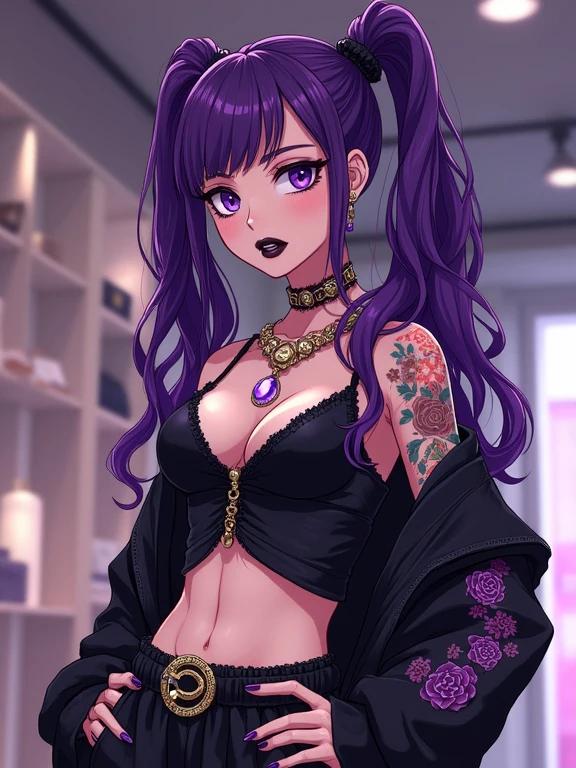 Anime woman shopping inside modern luxurious boutique. She wears edgy and sexy streetwear. Hair is amethyst purple with curly pigtails. Jewelry includes amethyst and diamonds. Tattoos on her arms are colorful and traditional.  Summer daytime setting. Neon and contemporary style.