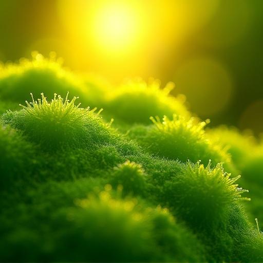 Microscopic image showcasing green algae under yellow sunlight. Algae are actively engaged in photosynthesis. The sunlight enhances the vibrant green color of the organism.