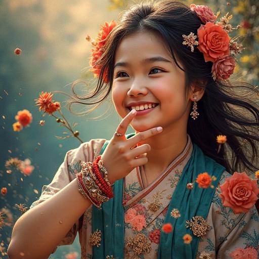 A young girl smiles with a playful gesture. She wears traditional clothing and flower ornaments in her hair. The scene is warm and inviting.