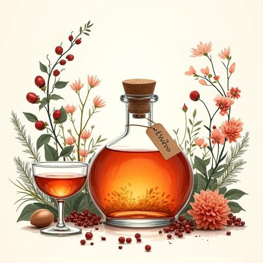 Artistic representation of an apothecary bottle named 'ALFRUNO' with a cork lid radiating golden-red rays. Two liqueur glasses filled with the same glowing liquid are placed beside the bottle. Surrounding elements include herbs, rosehips, and wild flowers, creating a vibrant scene in a minimalist, modern style against a soft white backdrop.