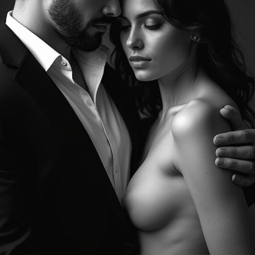 Black and white photo of a handsome man and beautiful woman embracing. He wears a black suit. She wears a white shirt. The image focuses on their intimate connection.