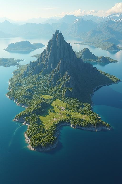 Aerial view of an island featuring multiple mountains surrounded by deep blue lakes and flowing rivers. The scenery includes lush green areas and rocky outcrops. Ideal for use in a game as a heightmap.