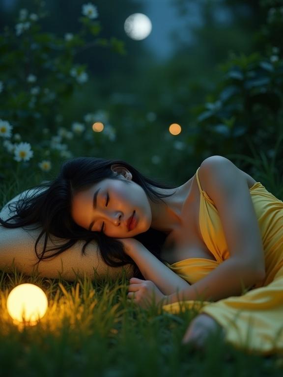 Medium shot of a woman sleeping in a lush green forest at night. She wears a yellow silk nightgown. Nearby a warm night light illuminates her features. Long black hair flows on the grass. Moonlight filters through the trees creating a dreamy ambiance. Highly detailed and realistic style.