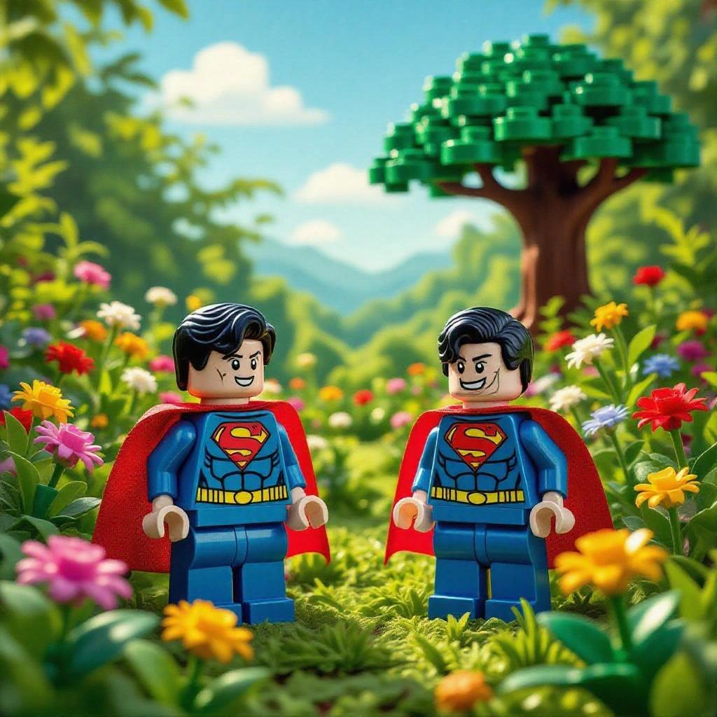 Lego Superman figures in a vibrant garden. Surrounded by colorful flowers and lush greenery. A serene sky and majestic tree in the background. Captures the essence of wonder and innocence.